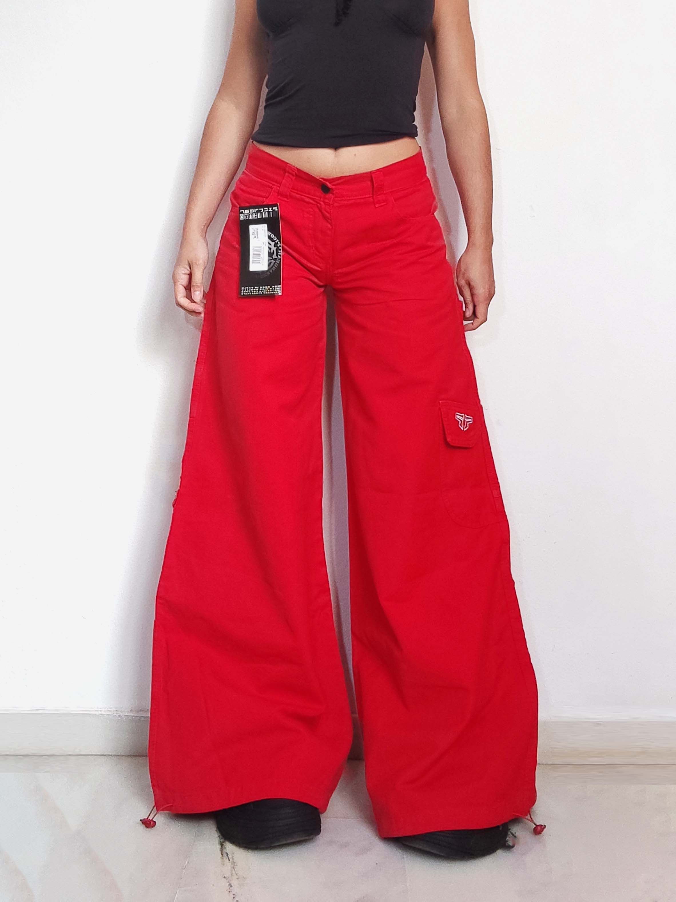 Vintage Y2k Deadstock Vintage Red Ultra Wide Leg Trousers Size 27" / US 4 / IT 40 - 2 Thumbnail