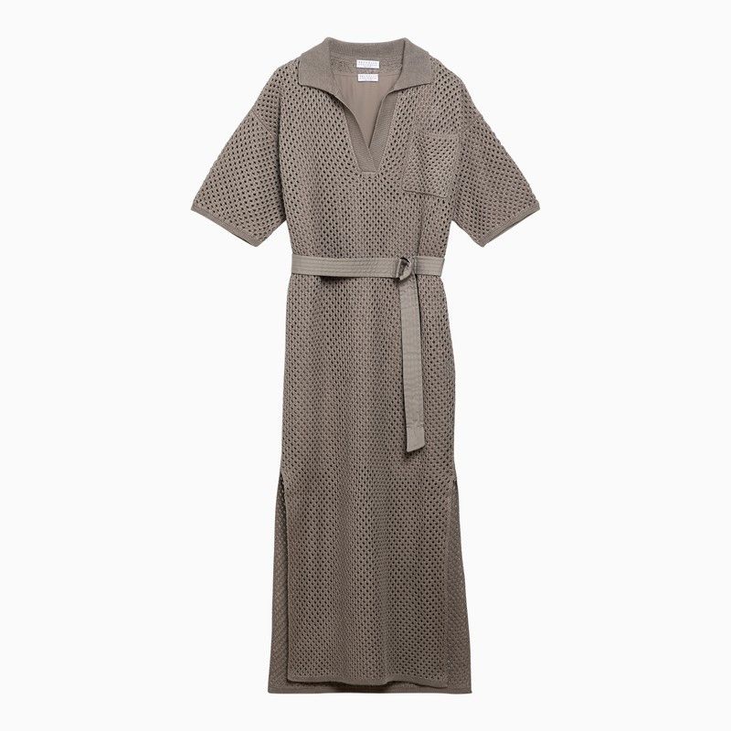 image of Brunello Cucinelli Net Openwork Knit Dress In Linen Blend in Brown, Women's (Size Small)
