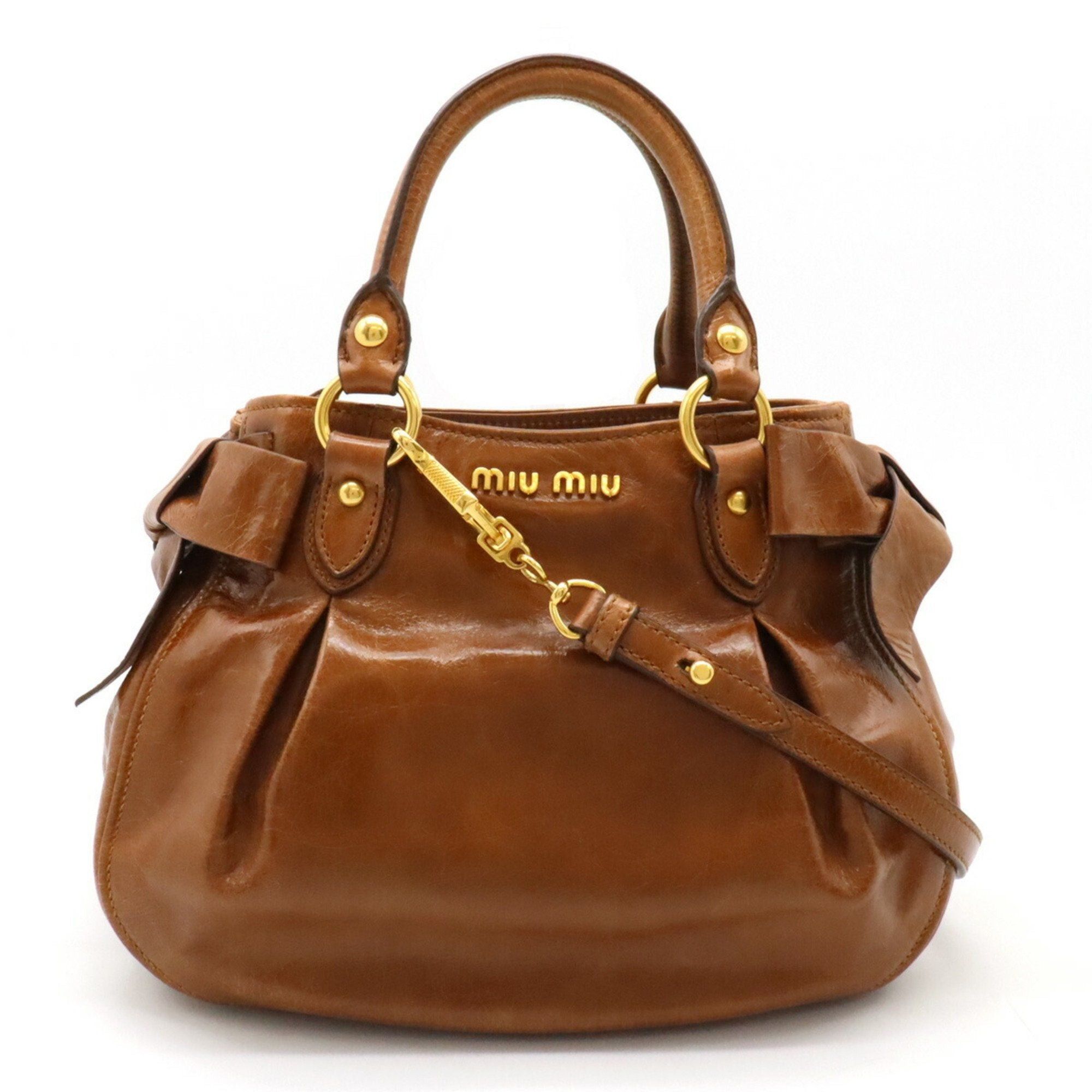 image of Miu Miu Miu Handbag Shoulder Bag Side Ribbon Leather Brown Rn0818, Women's