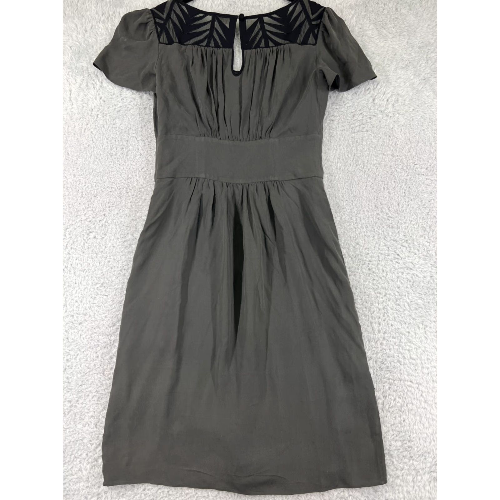 Vintage Temperley Dress Womens 8 Gray 100% Silk Keyhole Back Embroidered Knit A-Line V-Neck Short Sleeve Casual Formal Party/Cocktail Size M / US 6-8 / IT 42-44 - 2 Thumbnail