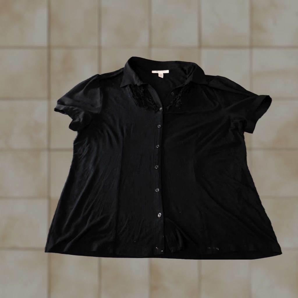 JM Collection JM Collection Button-Up Shirt Womens Large Black Rayon Spandex Short Sleeve Casual Classic Knit Stretch Size L / US 10 / IT 46 - 1 Thumbnail