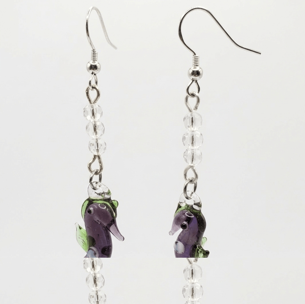 Handmade Glass Seahorse Earrings Artisan Clear Purple Green Sea Size ONE SIZE - 2 Thumbnail