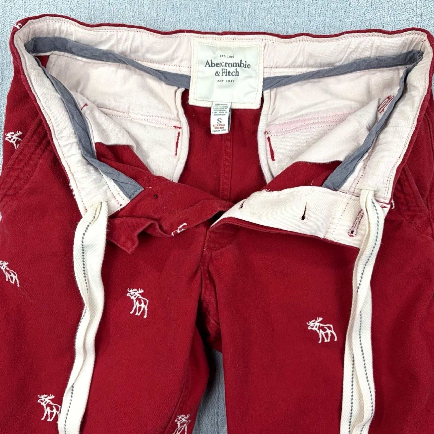 Abercrombie & Fitch VINTAGE Abercrombie & Fitch Men's Flannel Pant Moose Embroidered Red Tie Waist 33x29 ANKLE Straight Mens Size US 29 - 6 Thumbnail