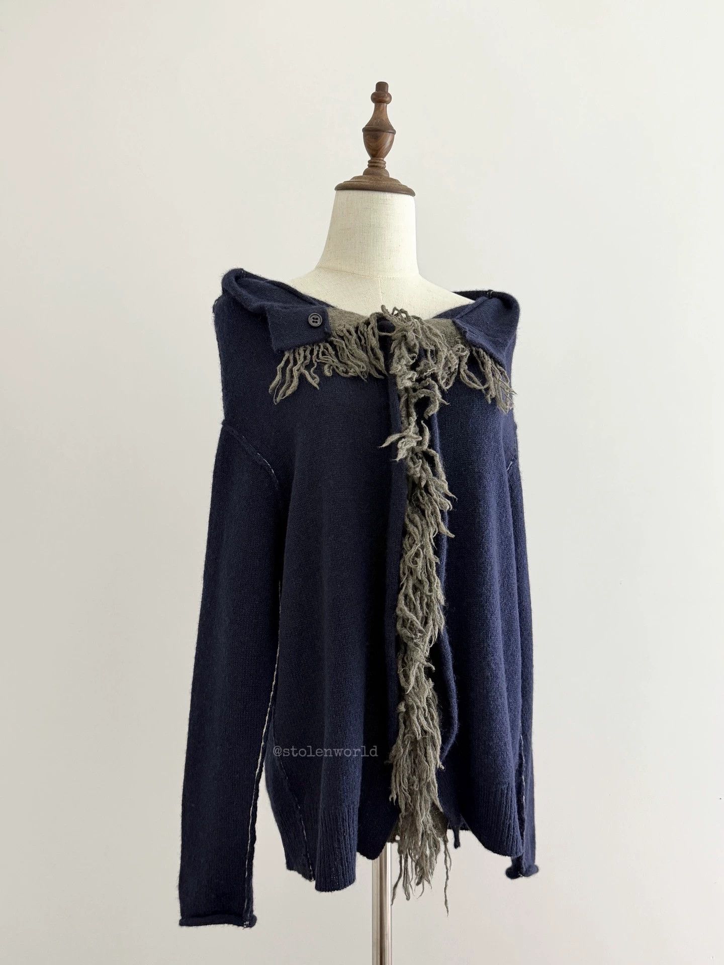 Y's Y's Tassel-Trimmed Navy Wool Knit Off-Shoulder Top Size XS / US 0-2 / IT 36-38 - 3 Thumbnail