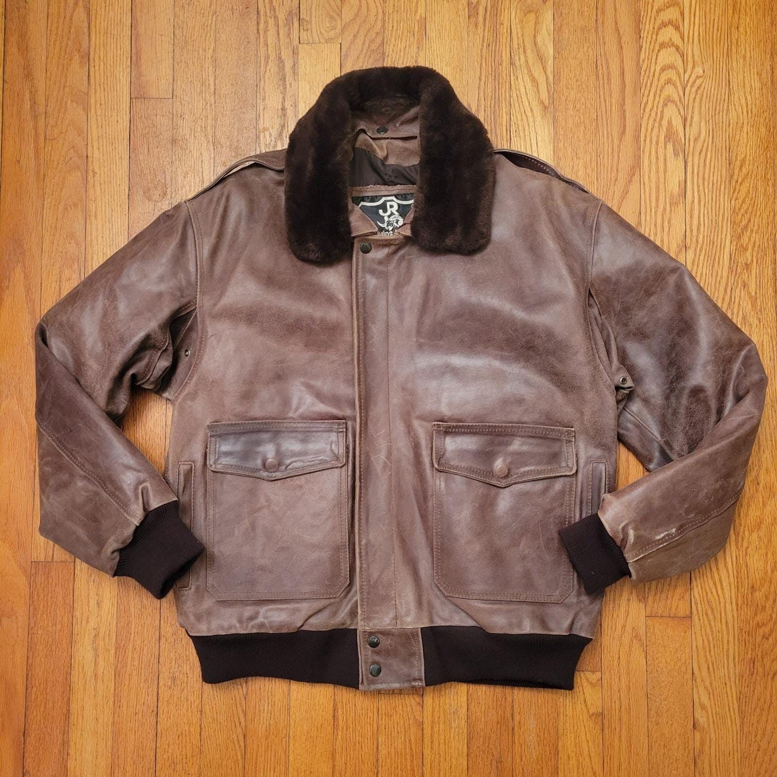 Vintage S Brown Leather Bomber Jacket Faux Fur Collar Aviator Flyboy Size US S / EU 44-46 / 1 - 1 Thumbnail