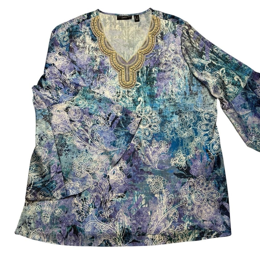 Other New Susan Graver Artisan Printed Charmeuse Blue Tunic Size Size L / US 10 / IT 46 - 6 Thumbnail