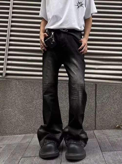 image of Street Ripped Corrugated Pleated Micro-Flared Jeans in Black, Men's (Size 32)