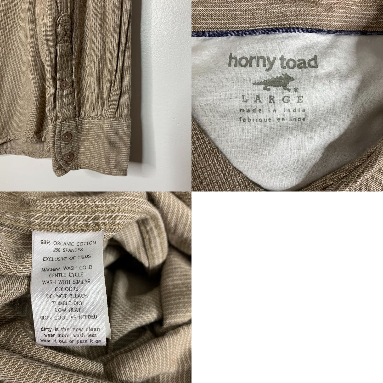 Vintage Horny Toad Mens Button-Up Shirt L Long Sleeve Casual Organic Cotton Tan Striped 98% Organic Cotton 2% Spandex Button-Down Collar Mens Size US L / EU 52-54 / 3 - 8 Thumbnail