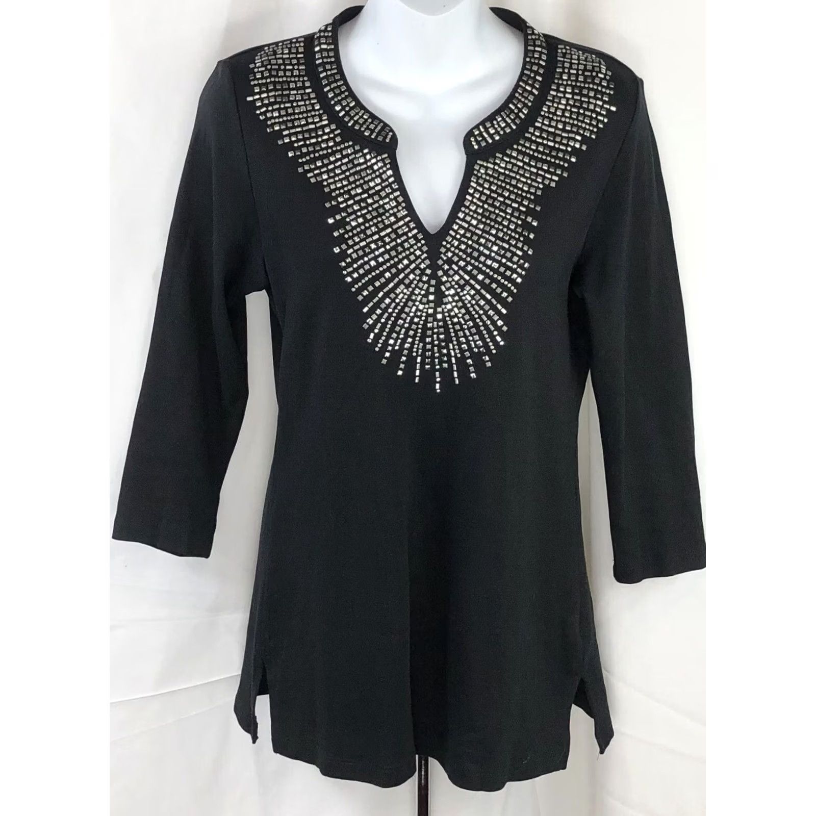 JM Collection JM Collection tunic top S Blk Stud Beaded V-Neck Longsleeve Metal Rock Gothic Size S / US 4 / IT 40 - 6 Thumbnail