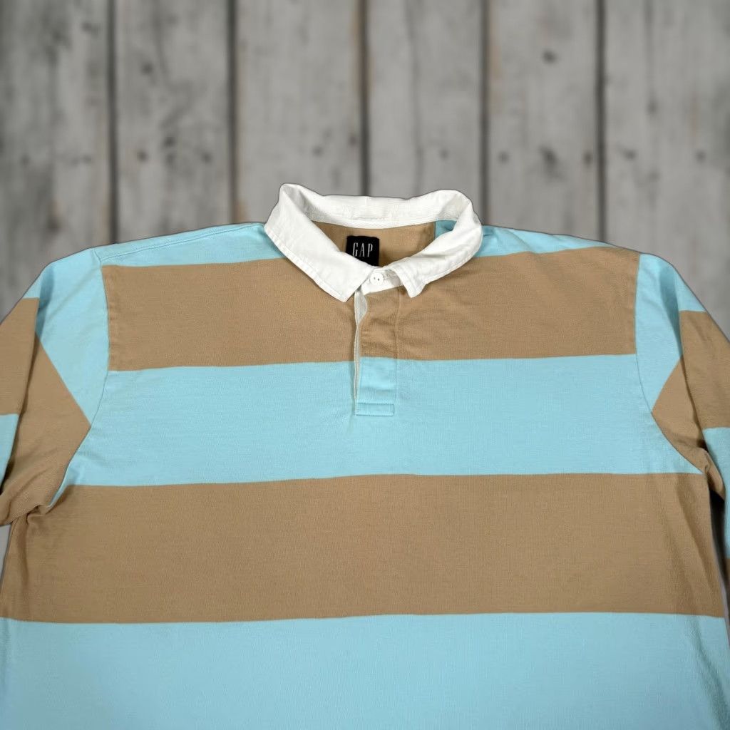 Gap Gap Polo Shirt Mens XL Blue Tan Stripe Rugby Embroidered Logo Cotton Long Sleeve Polo Shirt Size US XL / EU 56 / 4 - 1 Thumbnail