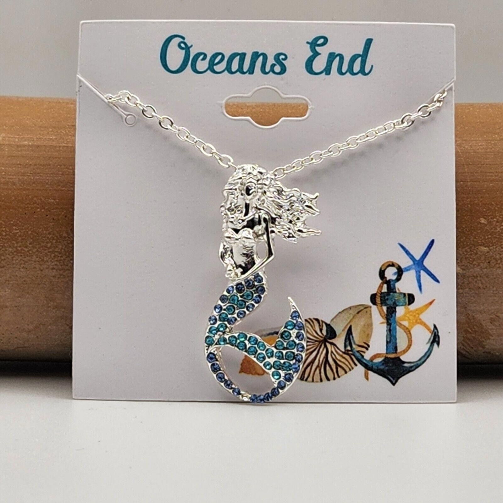 Designer Mermaid Blue Rhinestones Silver Necklace 18" with 3" ext Size ONE SIZE - 2 Thumbnail