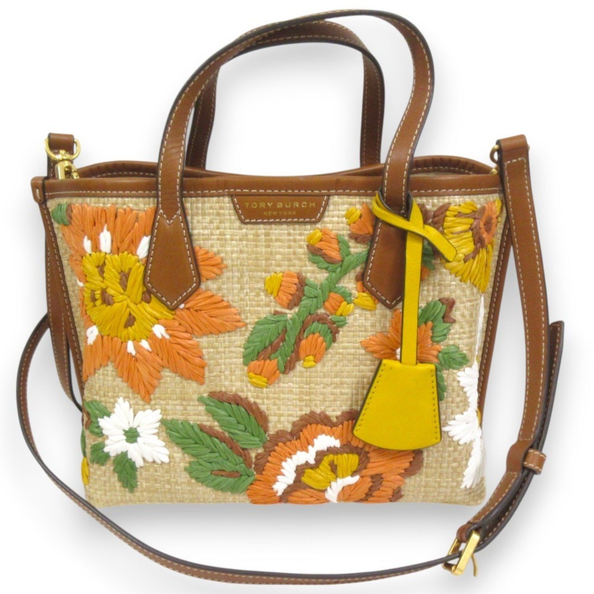 Tory Burch Floral Embroidery Straw Tote Bag Shoulder Natural Brown Women's