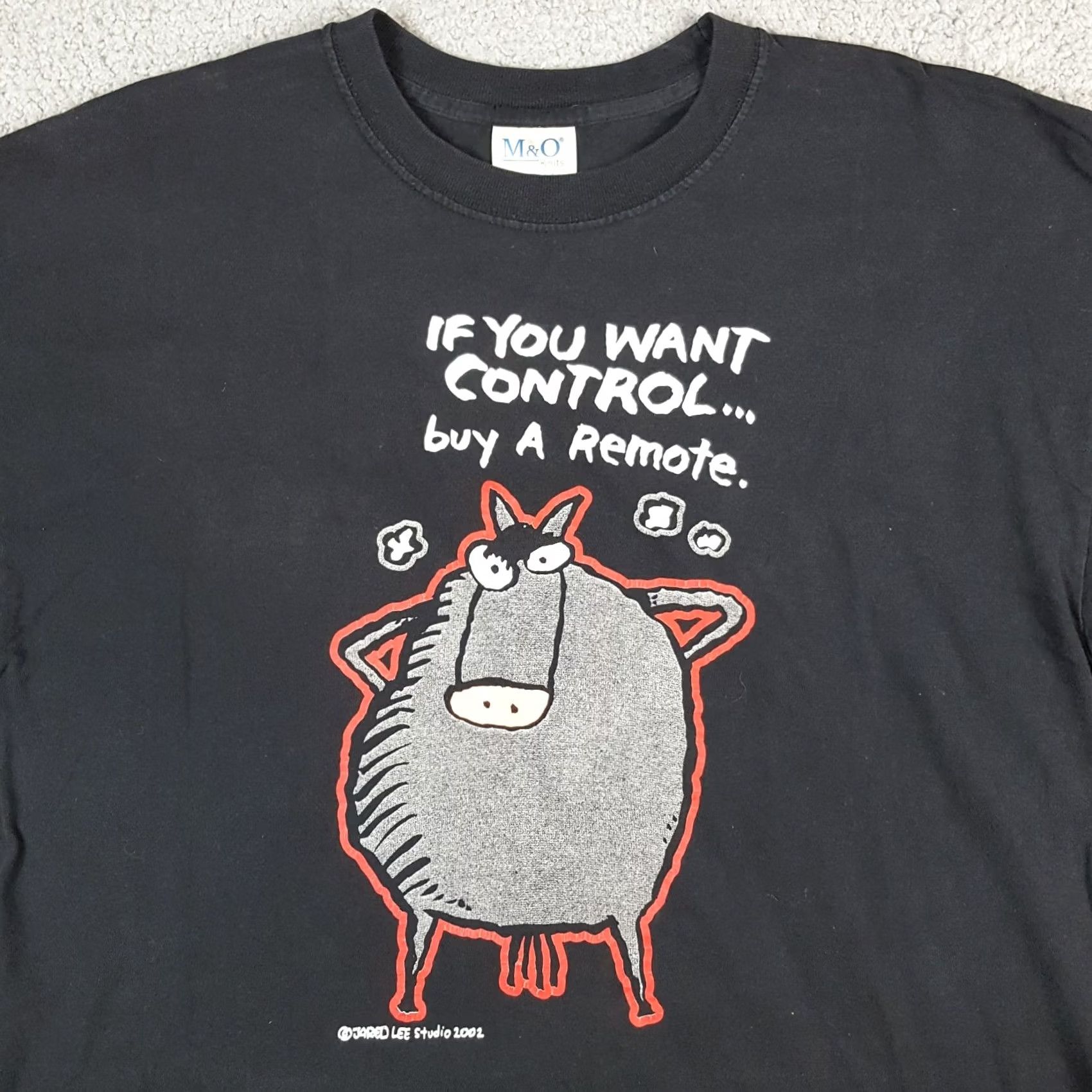 Lee Vintage M&O KNITS T-Shirt Men's XL Black Cotton Short Sleeve Crew Neck 90s Y2K Funny Horse Cartoon Logo Embroidered 00s Vintage Quality Shirt Size US XL / EU 56 / 4 - 3 Thumbnail