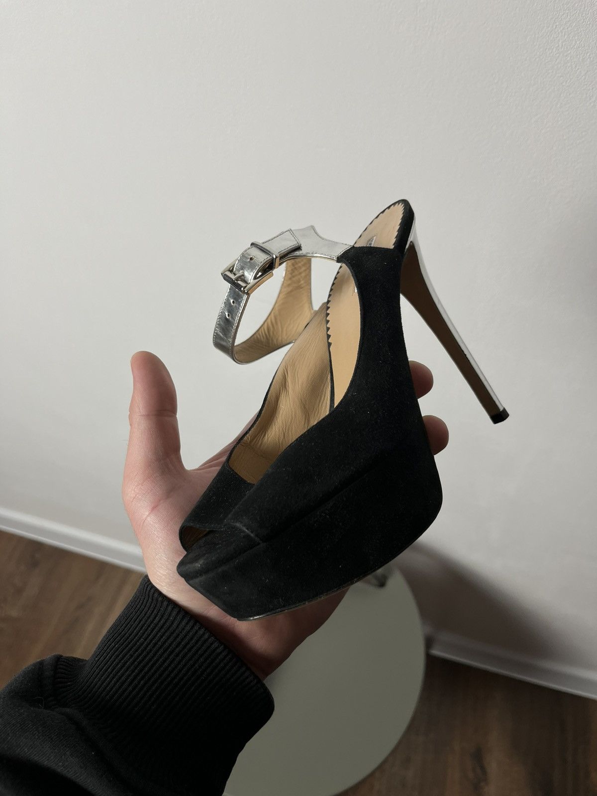 Emporio Armani Emporio Armani Black Suede Peep Toe Heels with Silver Straps Size US 6 / IT 36 - 8 Thumbnail