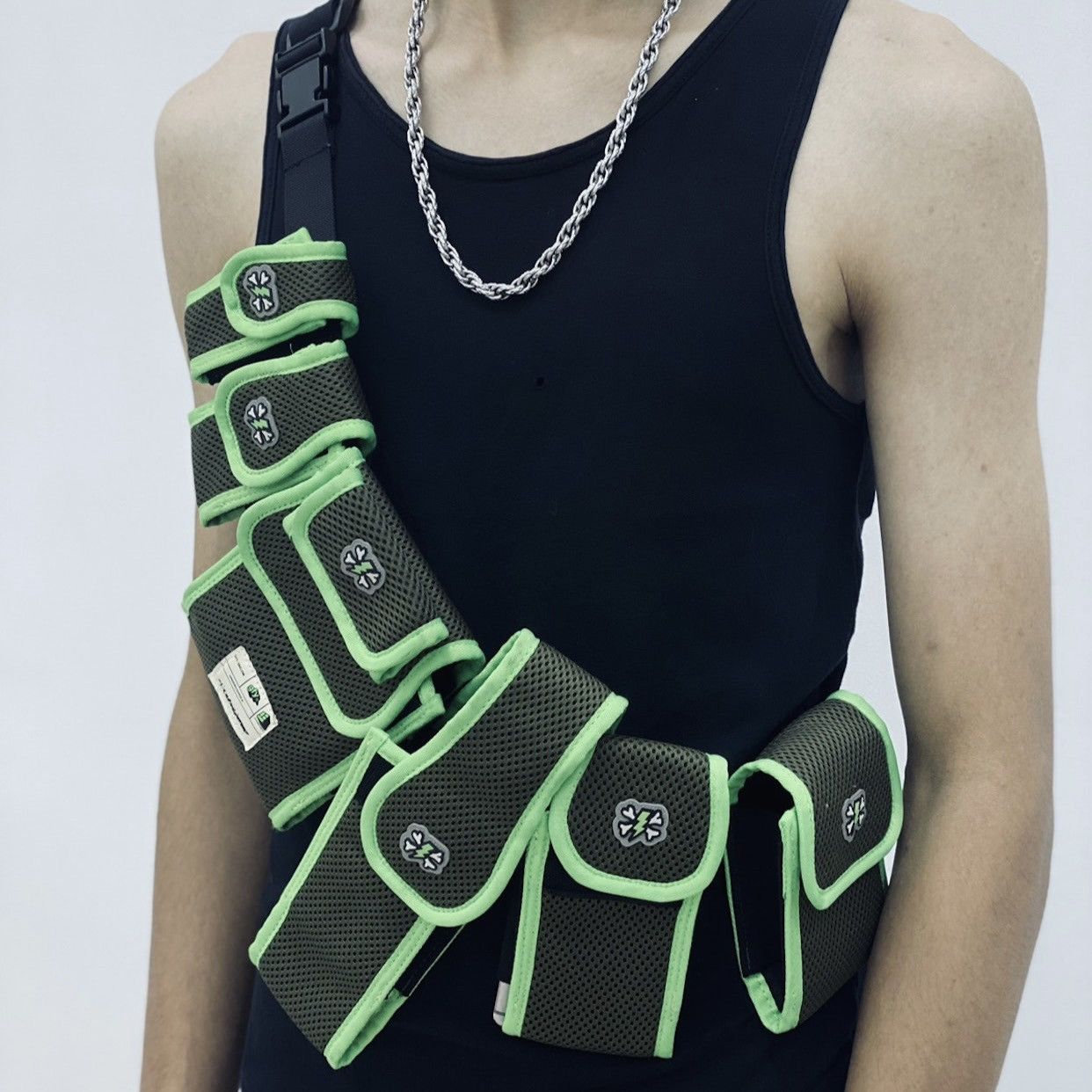 image of Aw2001 Undercover “Gfy” Utility Belt Crossbody Bag in Green/Grey, Men's