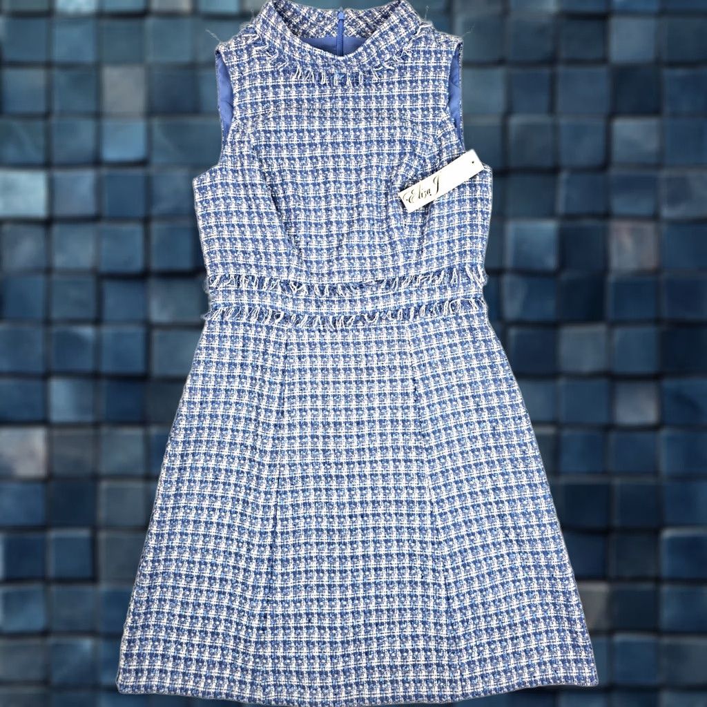 Vintage Eliza J Blue & White Fringe Flare Dress Women 4 NWT Mock Neck Sleeveless Midi Lined Party/Cocktail Floral 34" Length Womens Size S / US 4 / IT 40 - 1 Thumbnail