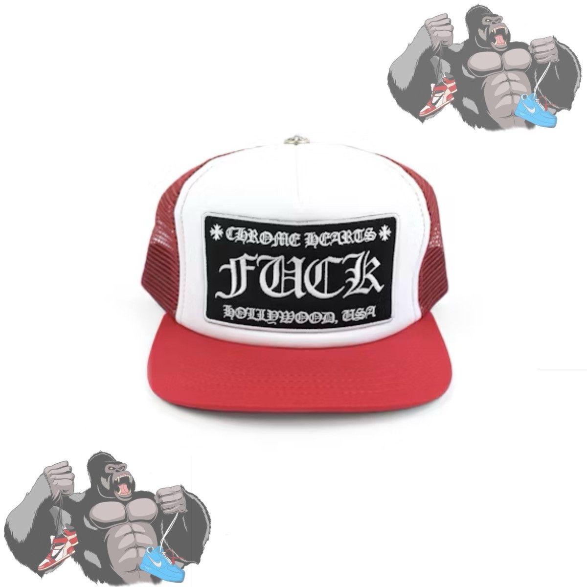 Chrome Hearts Chrome Hearts FUCK Hollywood Trucker Hat Red/White Size ONE SIZE - 1 Thumbnail