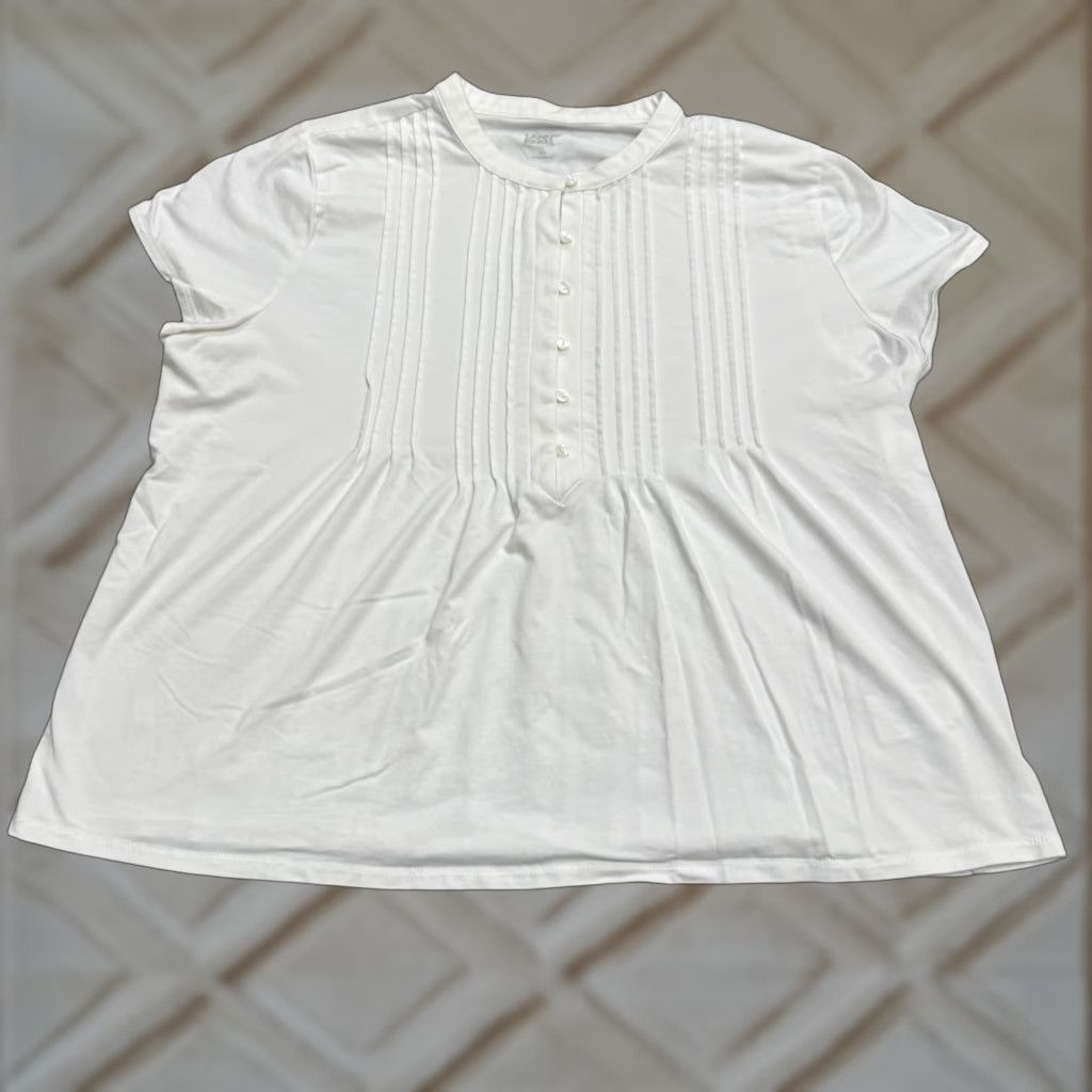 Lands' End Lands' End Blouse Shirt Women Large White Cotton Blend Short Sleeve Henley Pleated Casual Tops Size L / US 10 / IT 46 - 1 Thumbnail