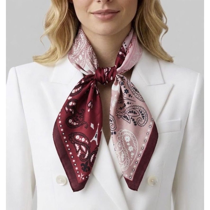 Other Luxury Silky Square Scarf Bandana Burgundy Geometric Patchwo Size ONE SIZE - 1 Thumbnail