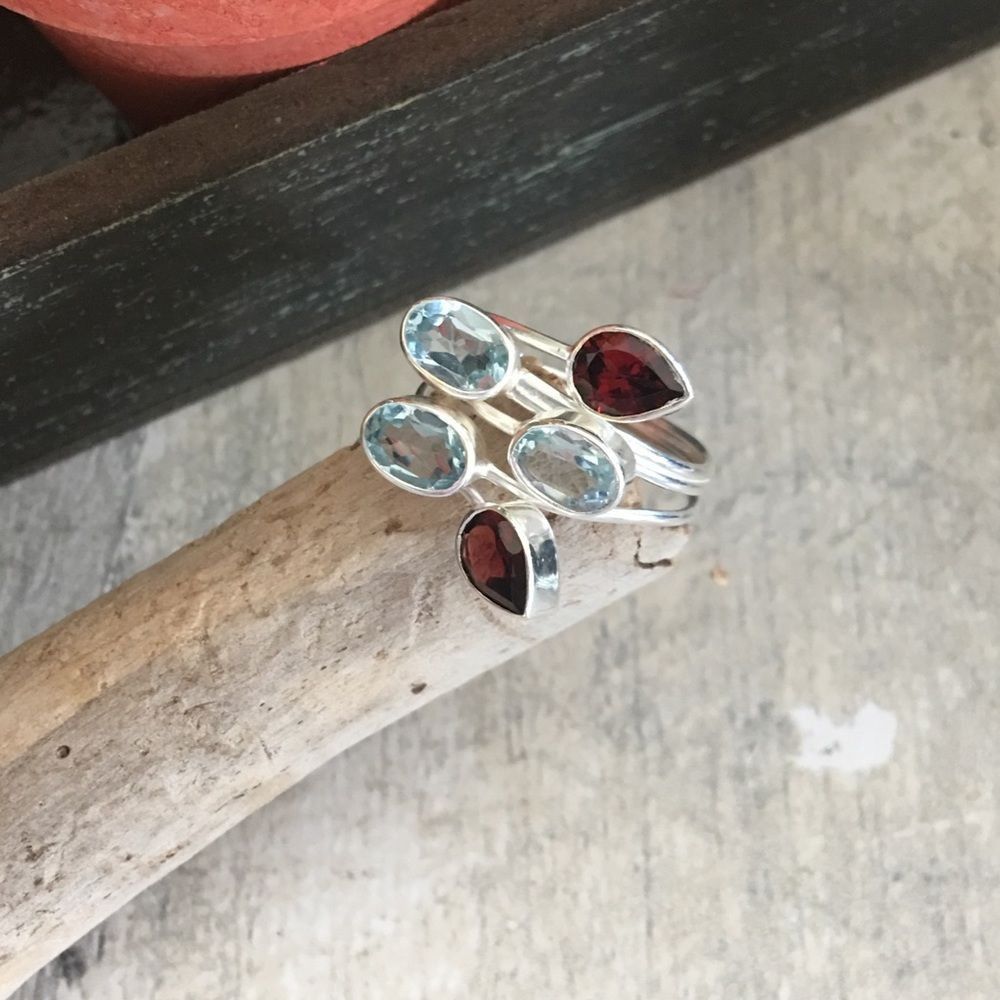 The Unbranded Brand Blue Topaz & Red Garnet Ring Size 8 Sterling Silver Size ONE SIZE - 1 Thumbnail