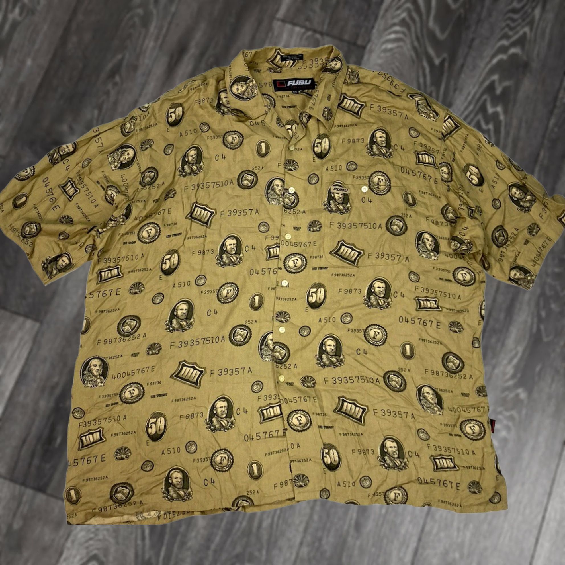 Fubu VINTAGE FUBU Shirt Men XXL Beige Short Sleeve AOP Money 90s City Hip Hop Button-Up Pockets Size US XXL / EU 58 / 5 - 1 Thumbnail