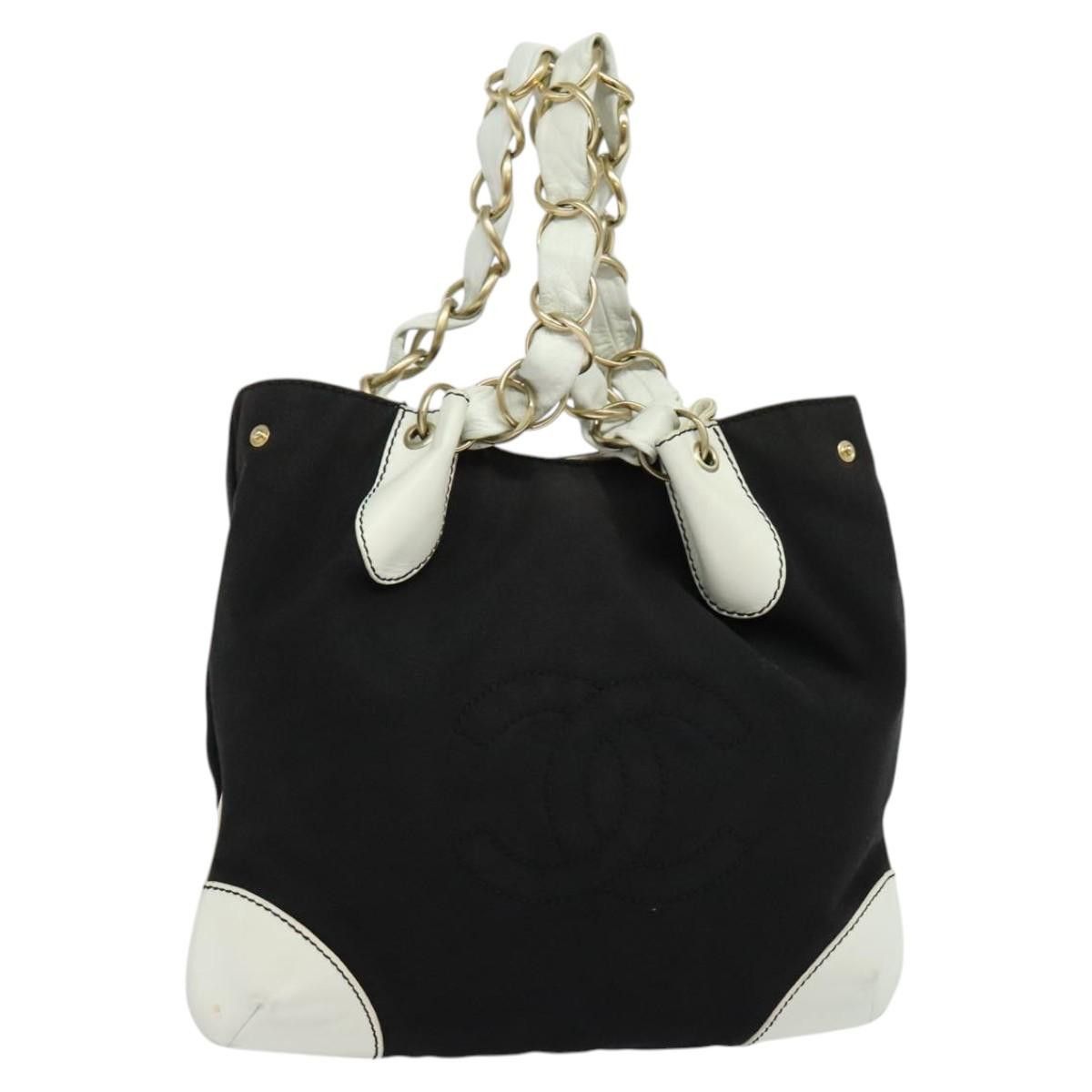 Chanel Chain Shoulder Bag Canvas White Black Cc Auth 122545, Women's
