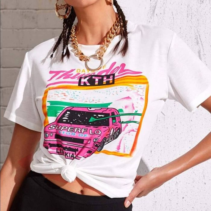 Shein NEW SHEIN White Race Car Graphic Print Classic Tee Shirt Top ...