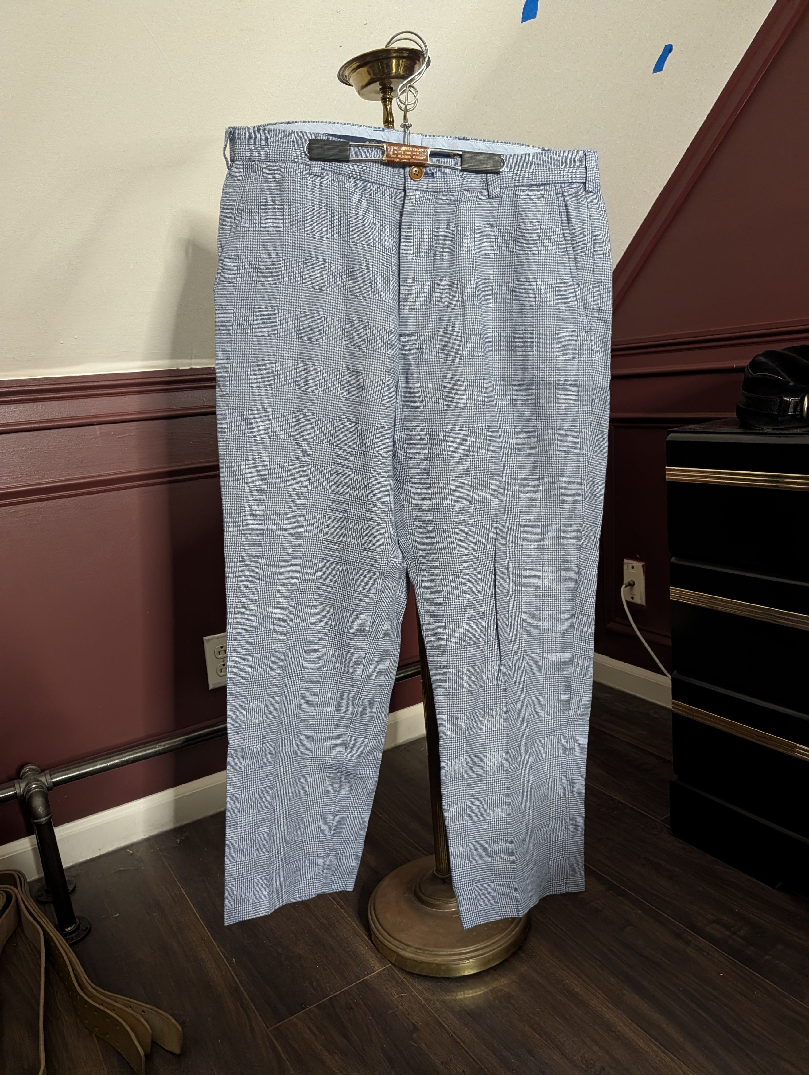 x Baird McNutt Irish linen blue houndstooth plaid pants