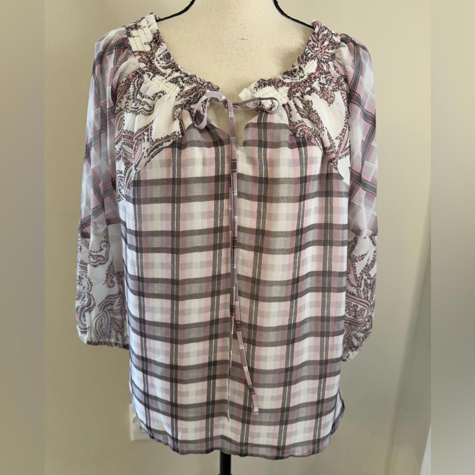 Other Loft pink gray white paisley plaid ruffled top SZ XS Size XS / US 0-2 / IT 36-38 - 1 Thumbnail