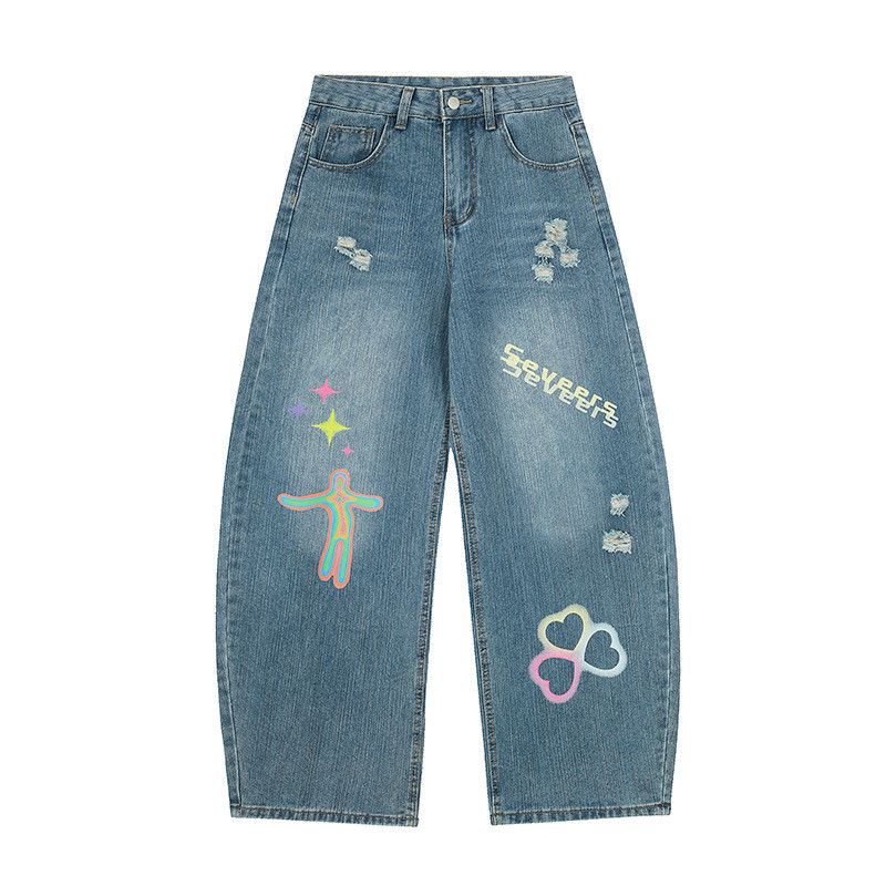 Jean American-style washed graffiti print ripped curved jeans Size US 32 / EU 48 - 1 Thumbnail