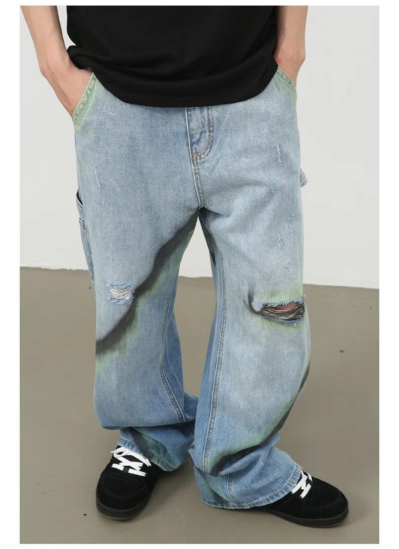 Jean × Vintage Streetwear Hand-Painted Contrast Wide-Leg Ripped Jeans Size US 32 / EU 48 - 4 Thumbnail