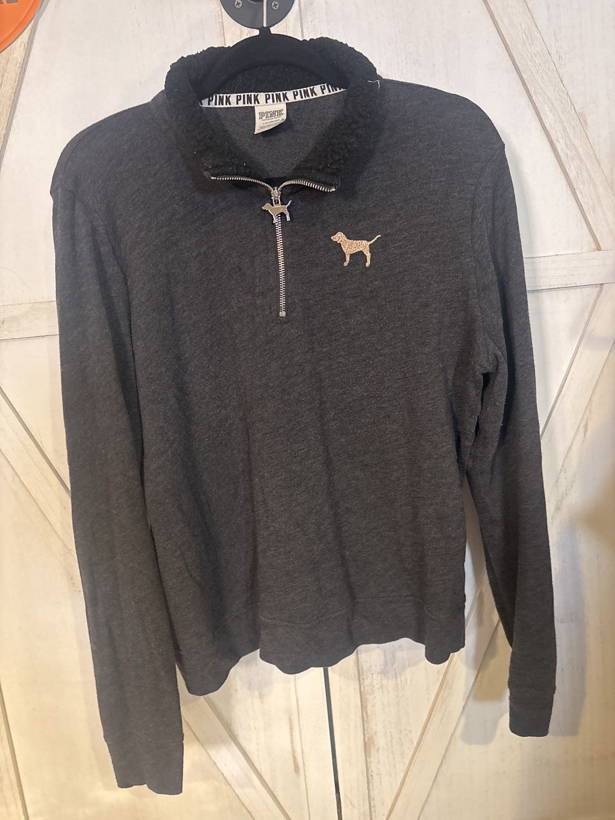 Other VS PINK Quarter Zip Pullover Black Sherpa Glitter Dog Logo Size L / US 10 / IT 46 - 1 Thumbnail