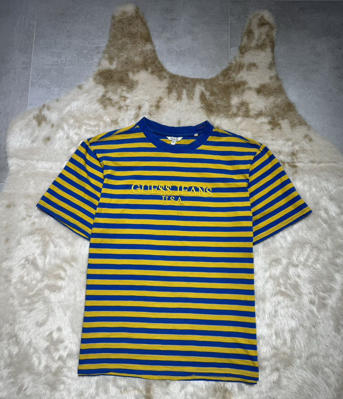 Guess yellow best sale and blue shirt