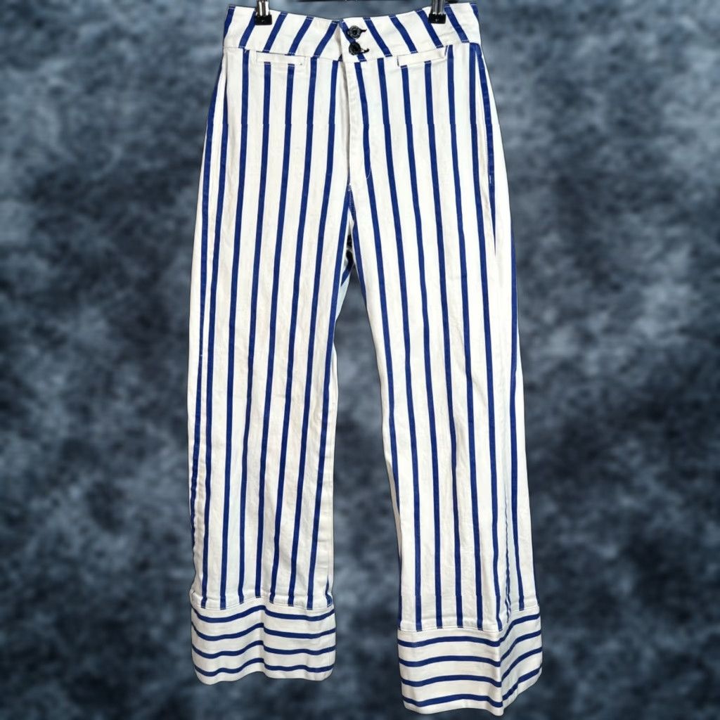 Vintage ASKK NY Pants Adult Womens 26 White Striped Wide-Leg Cotton Blend 30" Inseam Size 26" / US 2 / IT 38 - 1 Thumbnail