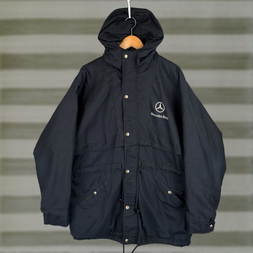 Mercedes-Benz VINTAGE Mercedes-Benz Jacket Mens XL Black Parka Hooded Coat Embroidered USA Full Zip Long Coat Size US XL / EU 56 / 4 - 1 Thumbnail