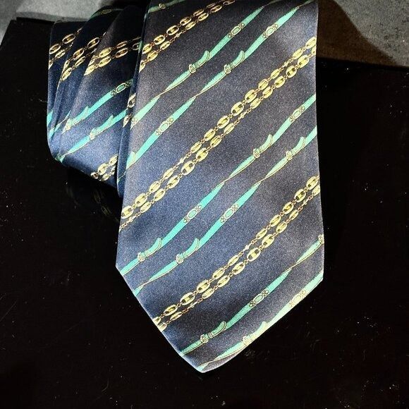 Gucci Logo Silk Tie Kelly Green Blue Striped Gold Link Chain