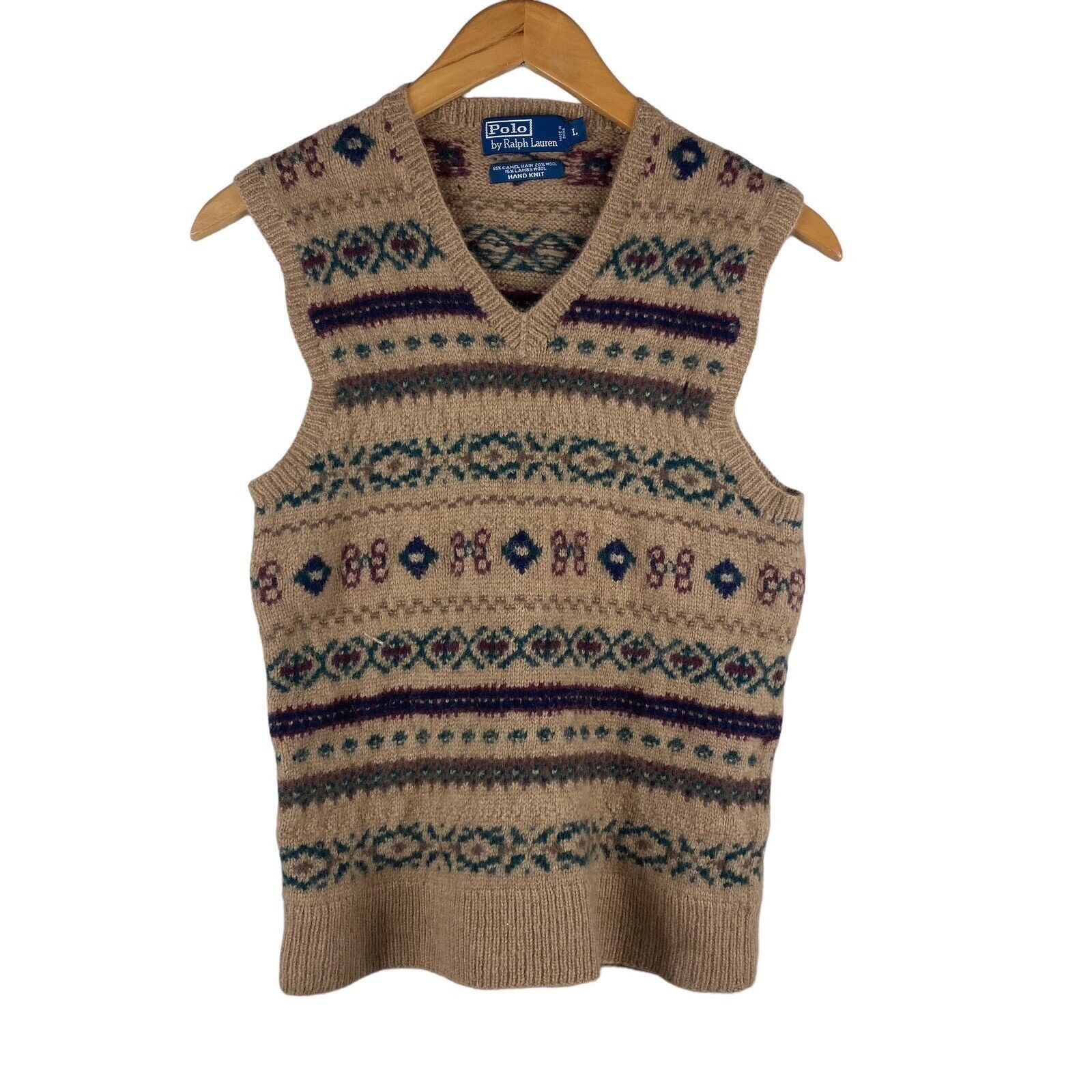 image of Polo Ralph Laurent Wool Camel Hair Hand Knit Sweater in Tan, Men's (Size Large)