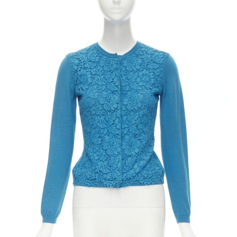 Valentino VALENTINO blue floral lace front wool silk cashmere cardigan sweater S Size S / US 4 / IT 40 - 1 Thumbnail