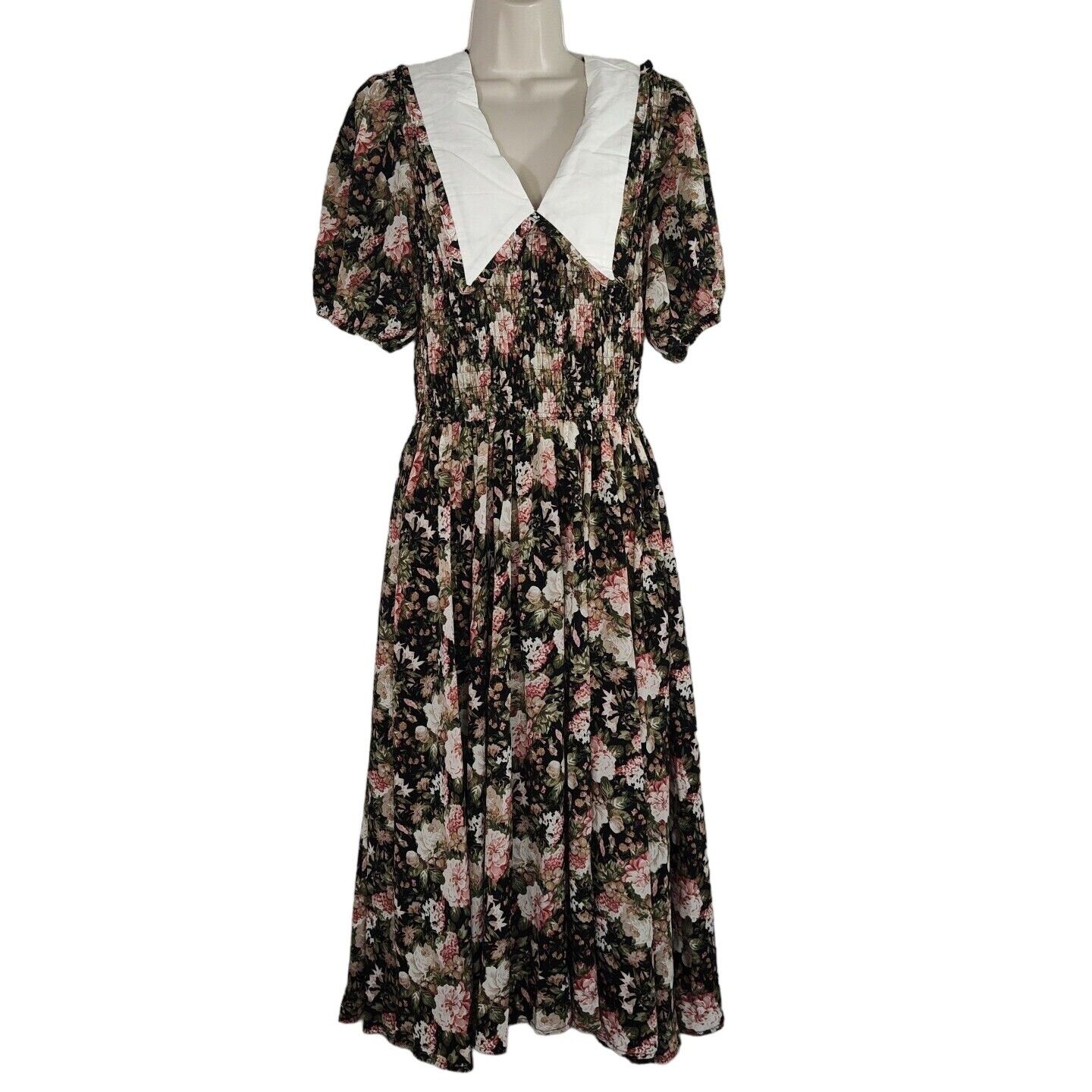 Other En Saison Dark Floral Collar Smocked Dress Size M Short Slv Size M / US 6-8 / IT 42-44 - 2 Thumbnail