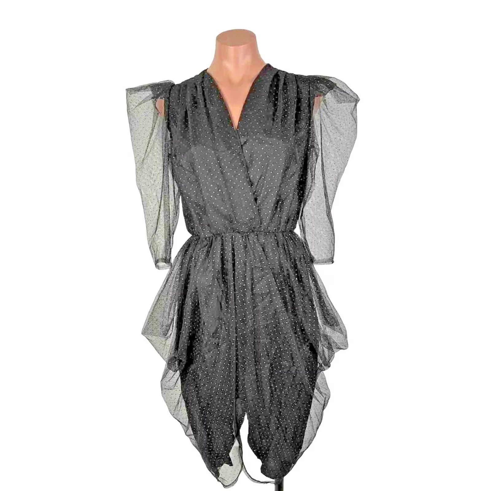 Vintage VINTAGE 80s Tulip Hem Black Glitter Dress Puffy Sleeve Mini Dress S/M Prom Party Glenrob LTD Lamé Glam Rock Womens Size S / US 4 / IT 40 - 2 Thumbnail