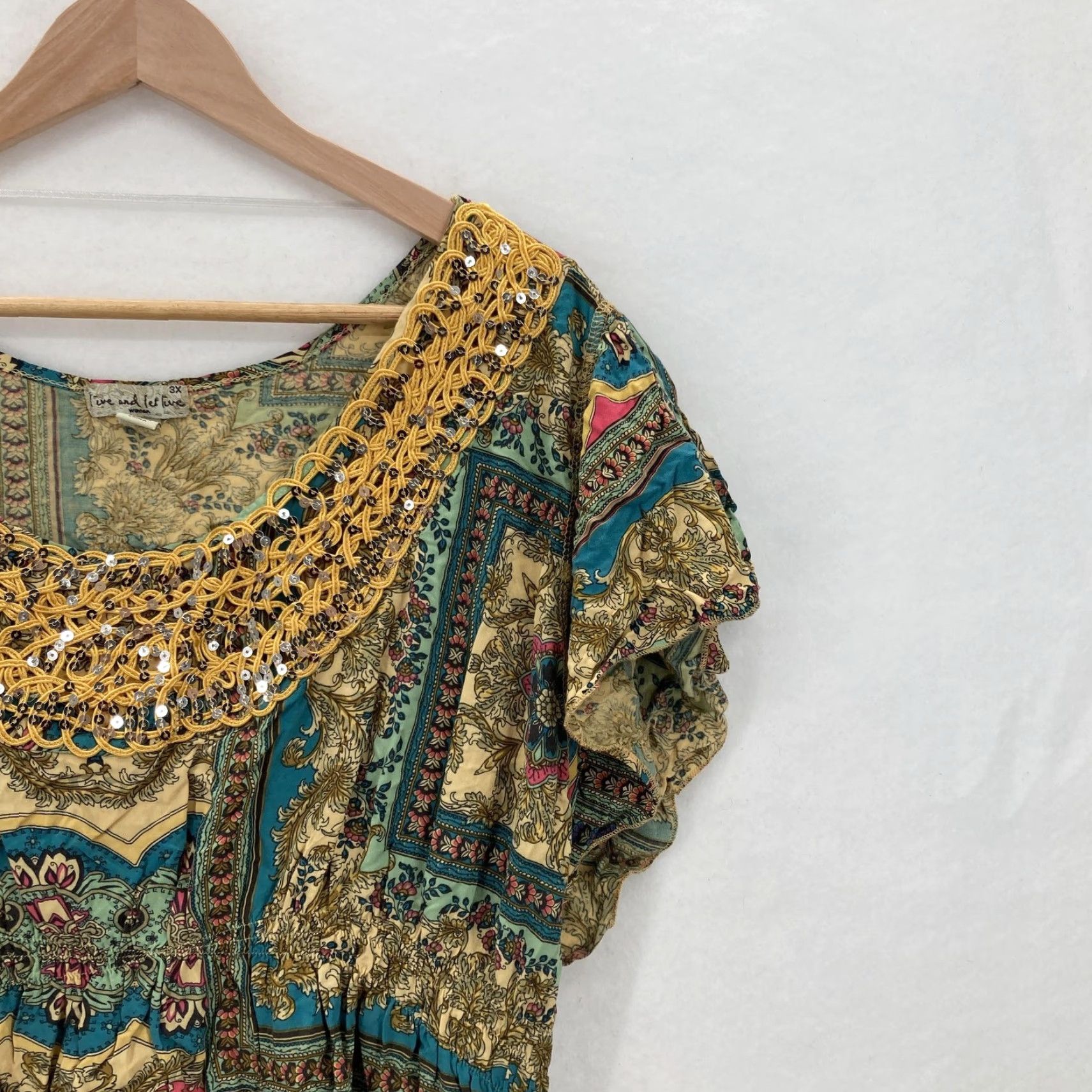 Vintage Live and Let Live Blouse Womens 3X Boho Patchwork Rayon Embellished Top Plus Size XXL / US 16-18 / IT 52-54 - 2 Thumbnail