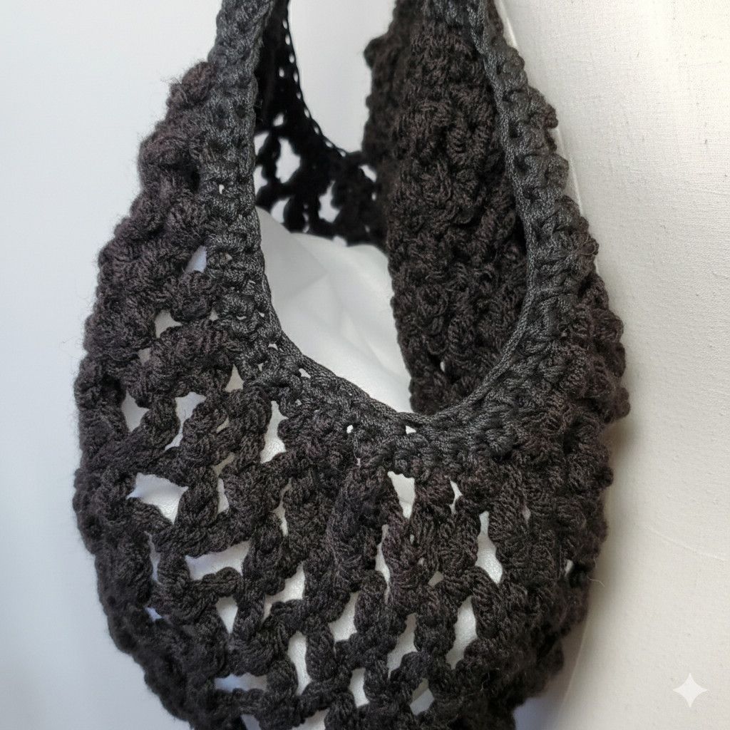 Handmade Handmade Black Net Bag Farmers Market Crochet French Sack Size ONE SIZE - 6 Thumbnail