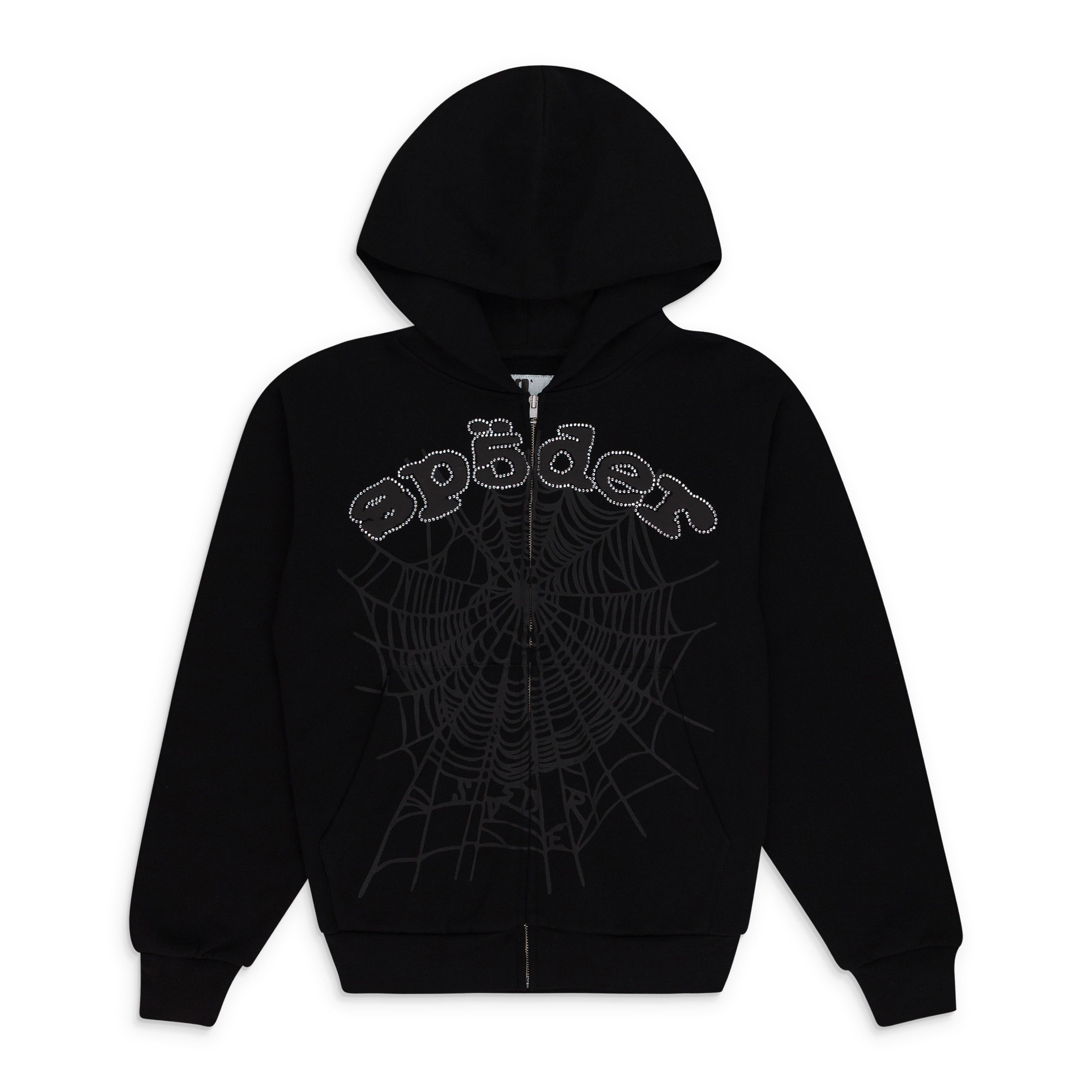BLACK OG WEB V2 RHINESTONE ZIP UP HOODIE SIZE XXL