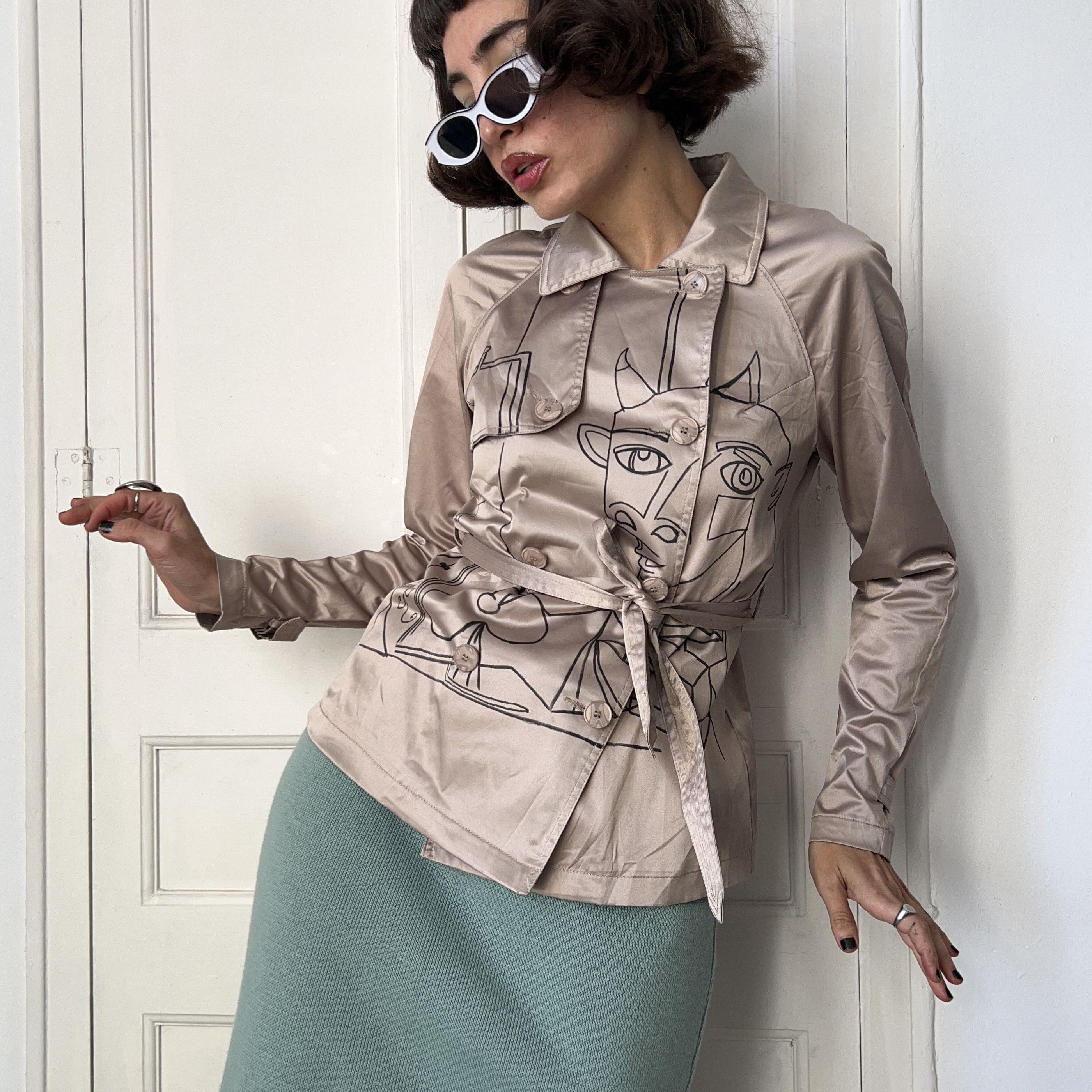 Other Hand Painted Picasso's Drawing Gold Satin Jacket Size S / US 4 / IT 40 - 5 Thumbnail