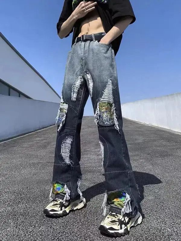 Designer × Japanese Brand Retro high street gradient patchwork ripped patch jeans Size US 33 - 1 Thumbnail