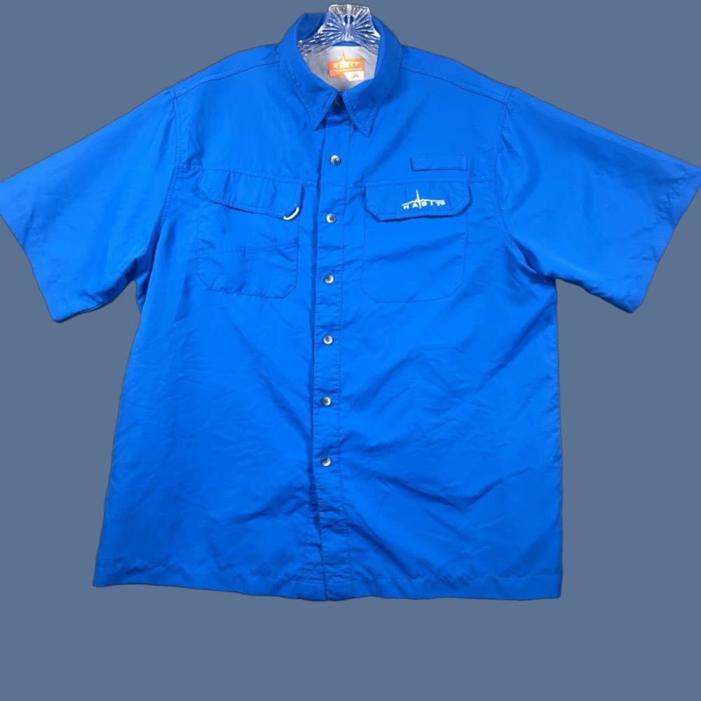 Habitat Habit Mens Large Shirt Blue Short Sleeve Button Up Vented Pockets Fishing Collared Casual Workwear Shirt Size US L / EU 52-54 / 3 - 1 Thumbnail