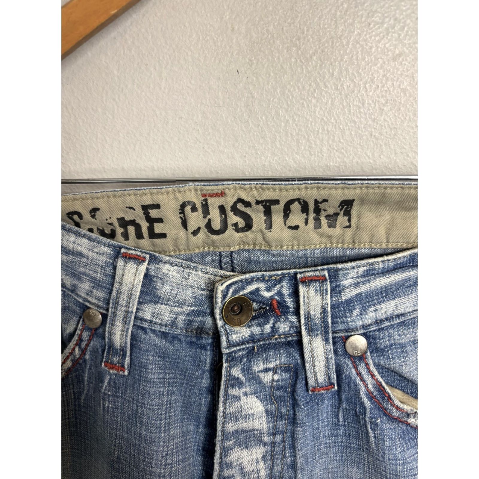 Vintage G-Star RAW Jeans Mens 33x34 Blue Distressed Straight Leg Denim Red Stitching Jeans Size US 33 - 4 Thumbnail
