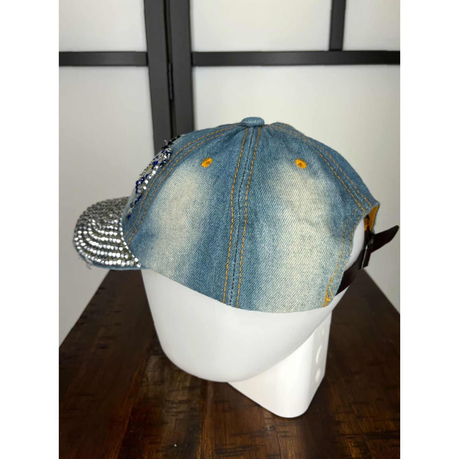 Vintage USA Hat Cap Strap Back Womens One Size Blue Bling Jeweled 100% Cotton Distressed Baseball Cap Size ONE SIZE - 5 Thumbnail
