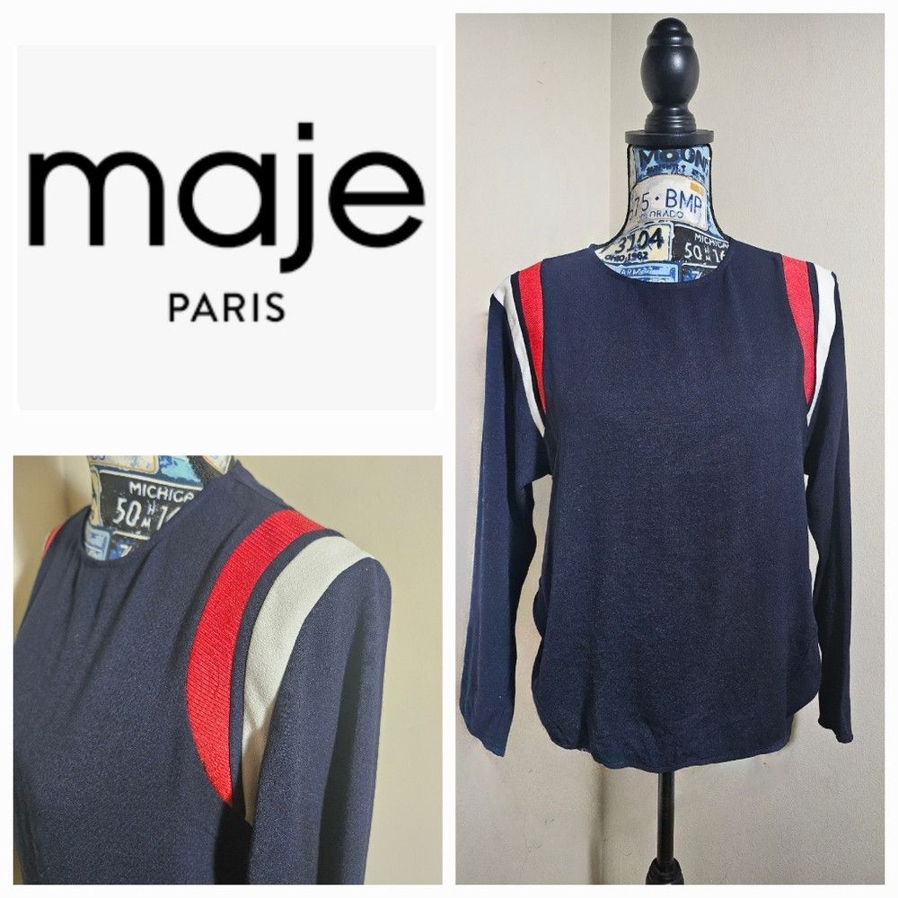 Maje Maje Crew Neck Varsity Stripe Navy Blue Red White Sweater 3 Size L / US 10 / IT 46 - 1 Thumbnail