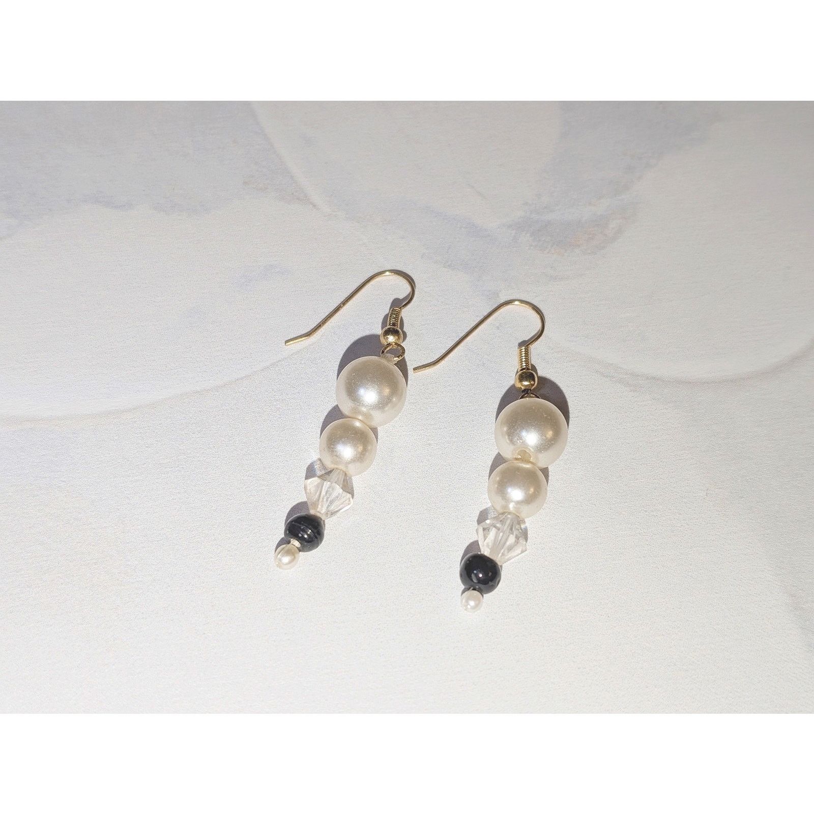 Vintage VTG 1980 Gold-Tone Faux Pearl & Black Beaded Dangle Earrings Size ONE SIZE - 1 Thumbnail